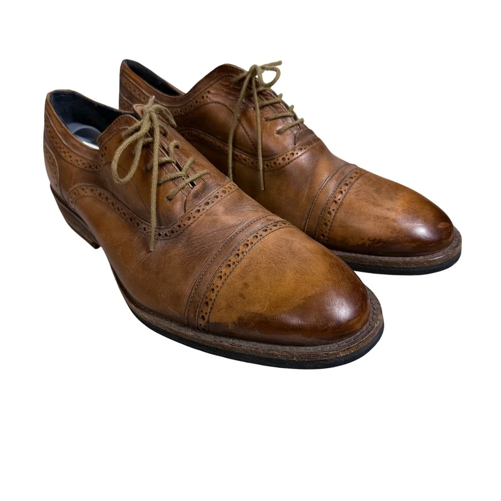 Messico Oxford Shoes Mens 10.5 Tan Leather Brogue Cap Toe Lace Up Formal Dress